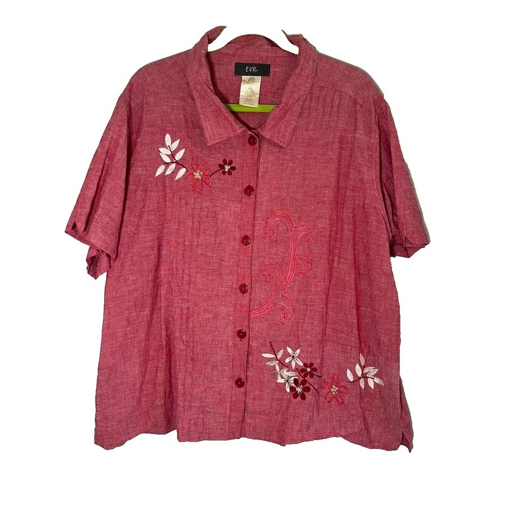 Vintage Floral Embroidery Shirt 22W Red Cottage Boho Indie Folk Granny Classic